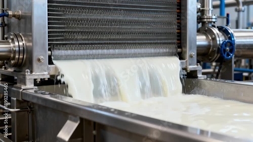 Medium shot of milk flowing steadily through a plate heat exchanger in an HTST pasteurization process with visible stainless steel surfaces and clean industrial setup.