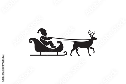Black silhouette of santa claus in a sleigh driven by single reindeer for winter holiday decoration