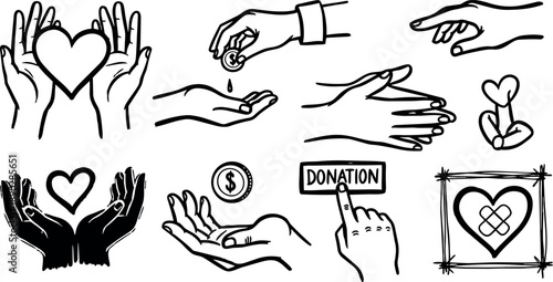 Black and white line art vector collection of hands holding hearts donating money and pressing donation button simple charity concept drawings