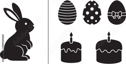 Easter Bunny Eggs and Cakes Silhouette Set Holiday Dessert Icons
