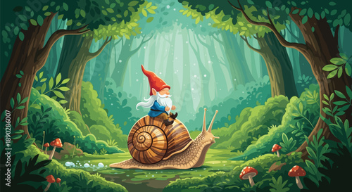 A whimsical scene of a gnome riding a giant snail through a lush forest