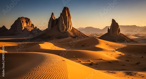 Golden Hour in the Sahara Desert with Towering Rock Formations and Rippling Sand Dunes.