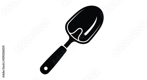 Simple black and white icon depicting a handheld garden trowel