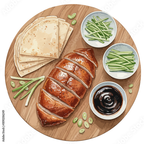 Authentic peking duck platter with mandarin pancakes and hoisin sauce. Traditional Chinese roast duck feast: gourmet food illustration. Crispy skin peking duck: ultimate guide to serving, presentation