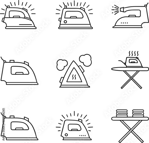 Professional vector icons for electric laundry irons steam ironing boards and household fabric care branding.