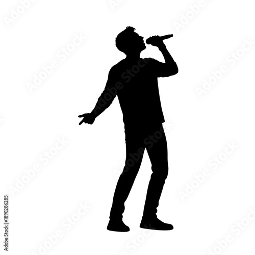 Silhouette of a man singing against a white background