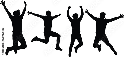 Group of young men jumping in celebration, black silhouettes expressing freedom, success and teamwork isolated on white background