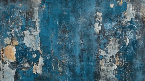 Abstract textured background with peeling blue paint and weathered plaster.