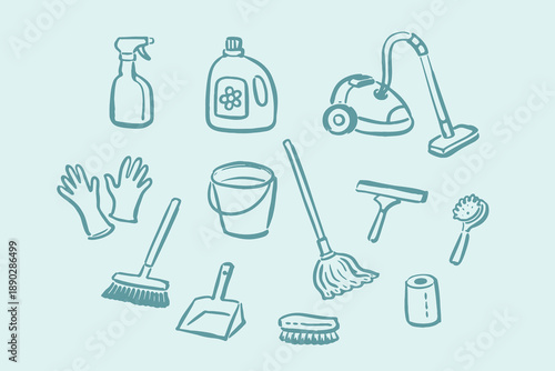 Cleaning supplies doodle line icons vector illustration