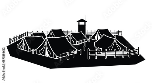 Black and white illustration of a fortified encampment with a watchtower