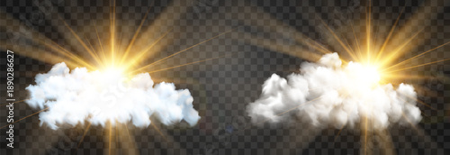 Vector realistic cloud with transparent sunlight. Cloud texture, nature sky with bright sun. Sky nature illustration on png background. Vector weather isolated on transparent background.