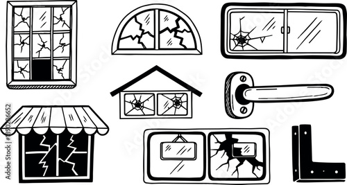 Black and white line art broken window glass cracked glass pane shattered window frame and door handle vector icons set
