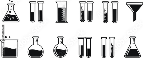 Laboratory glassware icons set featuring beakers test tubes flasks funnels and measuring cylinders in modern black and white vector style