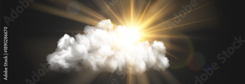 Vector realistic cloud with transparent sunlight. Cloud texture, nature sky with bright sun. Sky nature illustration. Vector weather isolated on transparent background.