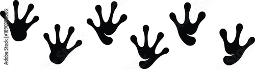 Set of frog footprint silhouettes showing amphibian tracks, black nature animal paw print illustrations isolated on white background for wildlife and biology themes