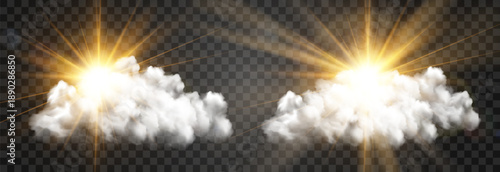 Vector realistic cloud with transparent sunlight. Cloud texture, nature sky with bright sun. Sky nature illustration on png background. Vector weather isolated on transparent background.