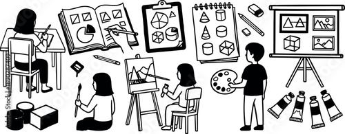 Black and white vector art showing children drawing and painting with various geometric shapes and art supplies in classroom setting