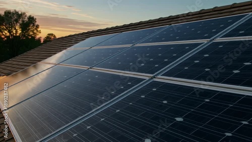 Solar panels on residential roof at sunset with golden light reflection