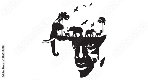African savannah wildlife scene on a man's head with elephants giraffes and birds in silhouette on white background