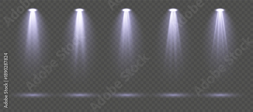 Bright blue spotlight with focused glowing beam, atmospheric haze particles and radiant halo isolated on transparent background perfect for dramatic stage compositions, concert visuals and vector desi
