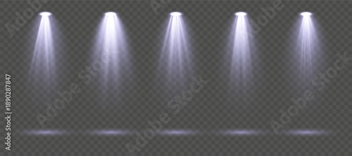 Bright blue spotlight with focused glowing beam, atmospheric haze particles and radiant halo isolated on transparent background perfect for dramatic stage compositions, concert visuals and vector desi