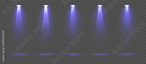 Collection of powerful blue beam spotlights with glowing shafts of light and realistic stage illumination isolated on transparent background ideal for event banners, club visuals and digital vector de