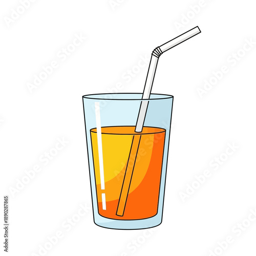 Refreshing orange juice in a clear glass with a white striped straw