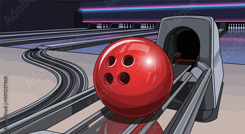 Vibrant red bowling ball resting on a lane in a classic bowling alley with pins in the background