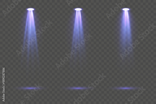 Realistic blue spotlight set featuring intense illumination rays, soft glowing gradients and dramatic beam effects isolated on transparent background perfect for stage scenes, live events and high-qua