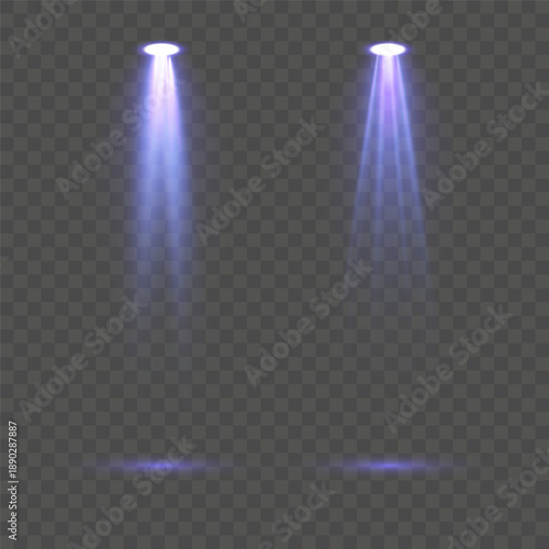 Realistic blue spotlight set featuring intense illumination rays, soft glowing gradients and dramatic beam effects isolated on transparent background perfect for stage scenes, live events and high-qua