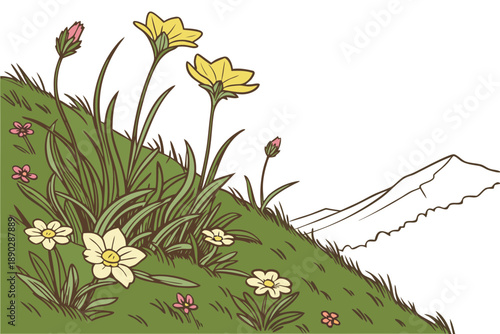 Vibrant wildflowers blooming on a lush mountainside meadow with distant hills