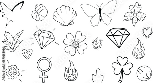Collection of black and white line drawings of various objects and symbols