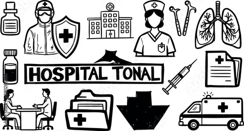 Hand drawn black and white hospital icons set including nurse doctor syringe ambulance lungs medical files healthcare symbols vector art