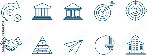 A collection of 8 business and finance related icons in line art style