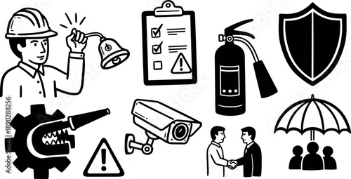 Black and white safety icons collection with worker ringing bell checklist fire extinguisher shield camera handshake and umbrella protection