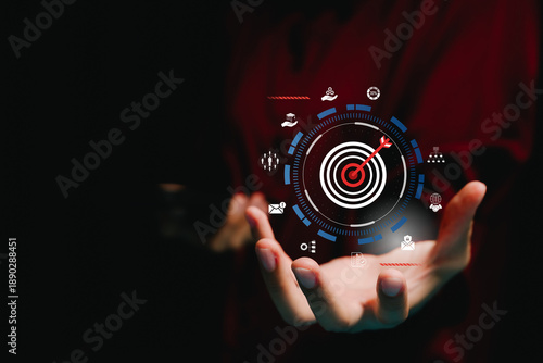 Goal achievement concept. Target icon with arrow in center, business objectives alignment, strategic focus, success planning, performance motivation, outcome driven management.