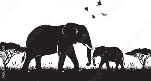 Mother elephant and calf walk together in savannah landscape with trees and birds flying overhead