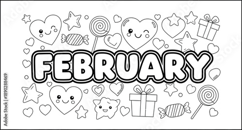 February month illustration with cartoon characters and valentine's day theme