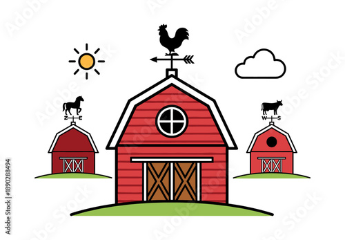 Rural farm barns with weathervanes and sun illustration