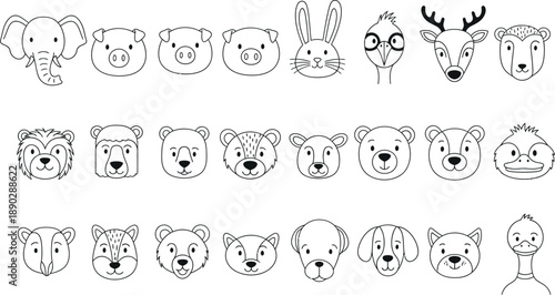A collection of 21 hand drawn animal faces in three rows