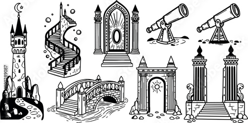 Black and white vector art set of fantasy architectural elements including towers, staircases, telescopes, portals, and bridges detailed in line art style