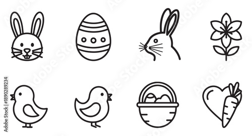Easter outline icons set with bunnies eggs chicks basket carrot and flower
