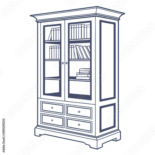 A tall, elegant glass-doored cabinet with six drawers at the bottom