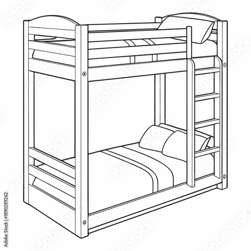 Wooden bunk bed with ladder and bedding outline drawing