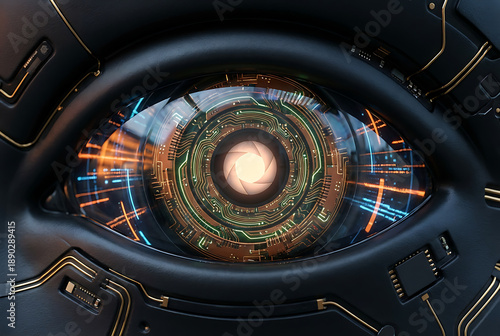 Futuristic robotic eye with intricate circuitry and glowing elements  