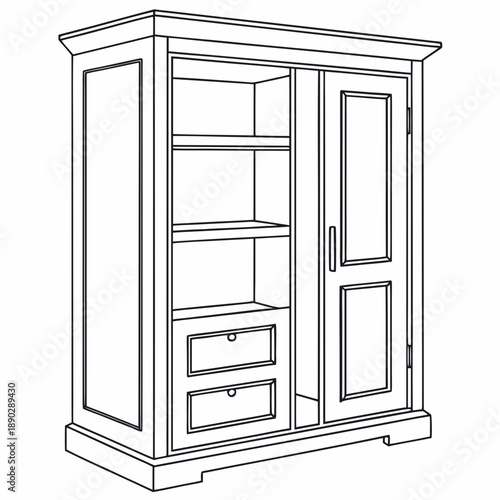 A tall, elegant wooden cabinet with glass doors and three drawers at the bottom.