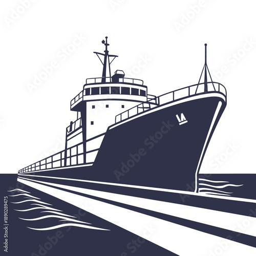 A large cargo ship sailing on calm waters with a clear horizon in the background.