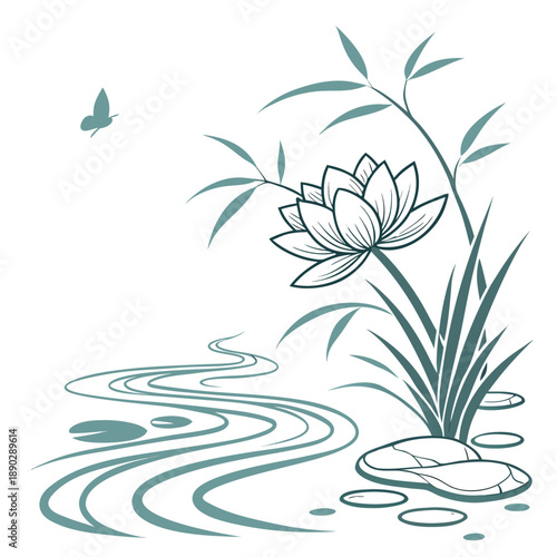 A serene pond with a single lotus flower and gentle ripples in the water