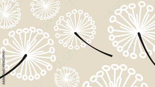 White dandelion flowers with black stems on beige background floral pattern nature design