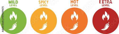 A row of four circular spice level indicators, each featuring a stylized flame and a chili pepper silhouette